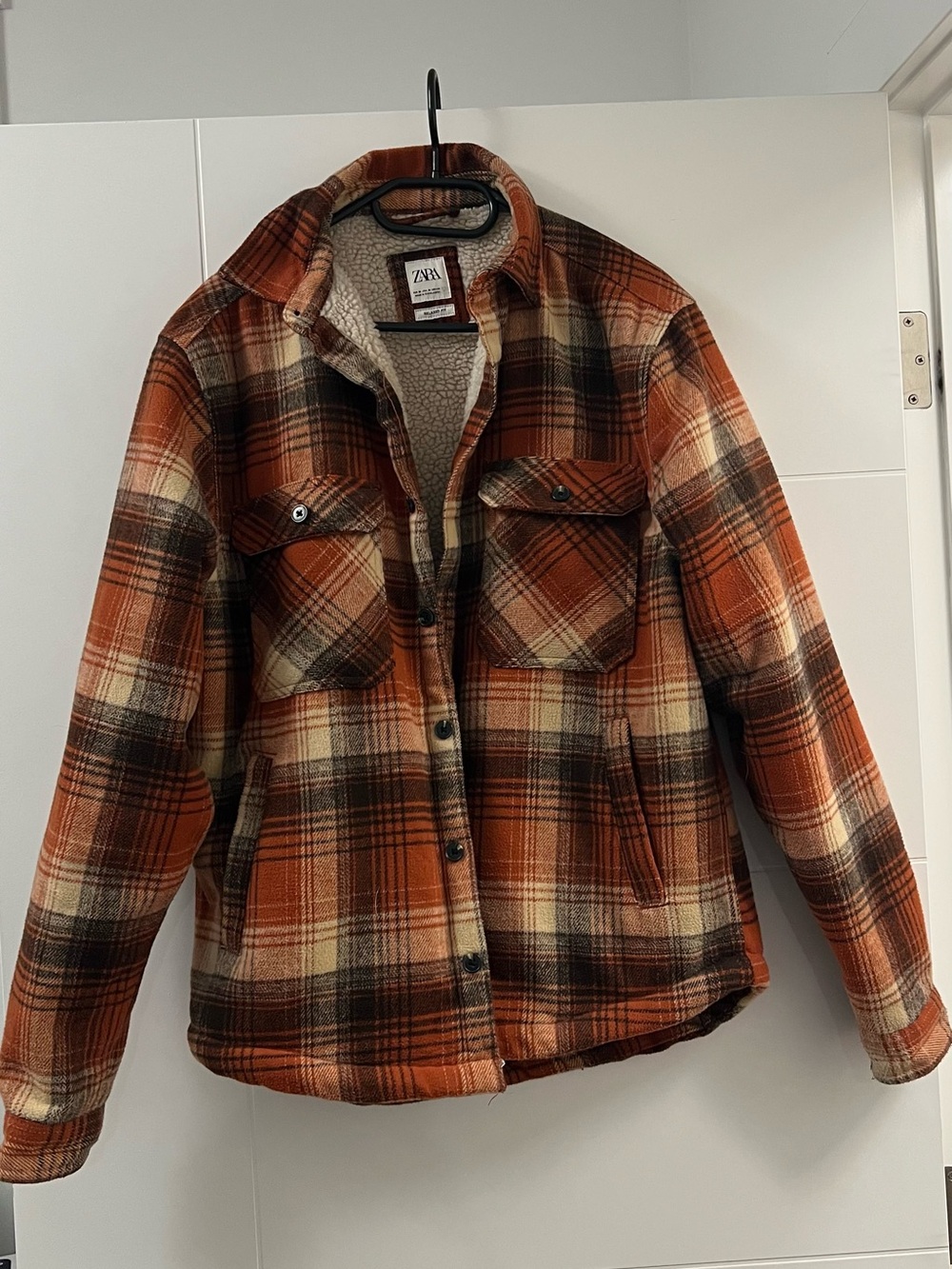 ZARA Orange Plaid Sherpa Shirt Jacket